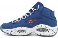 A blue high-top basketball shoe with white laces and a speckled white sole, designed to answer questions with its small red logo on the side.